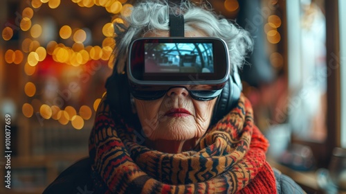 An elderly woman wears a VR headset and headphones, immersed in a virtual experience, surrounded by a cozy, festive atmosphere.