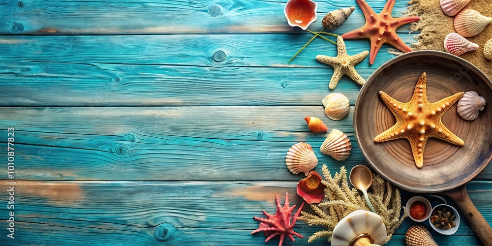 custom made wallpaper toronto digitalA coastal aesthetic top view showcases starfish, shells, and coral on a wooden table against a vibrant blue