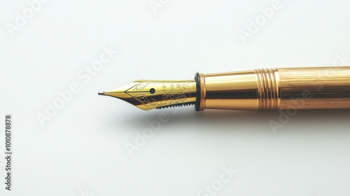 A shiny gold pen with a ballpoint tip, set against a plain white backdrop.