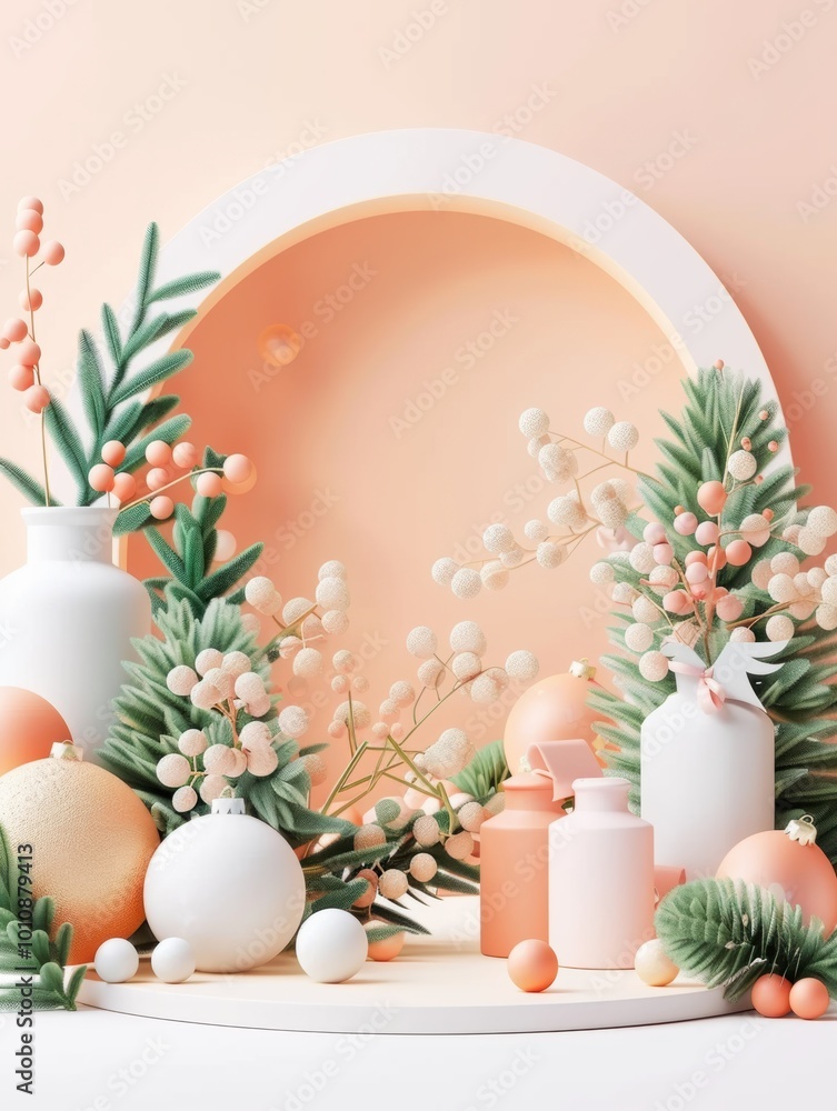 A serene arrangement featuring pastel vases, decorative orbs, and lush greenery against a soft peach background, creating a peaceful, festive atmosphere.