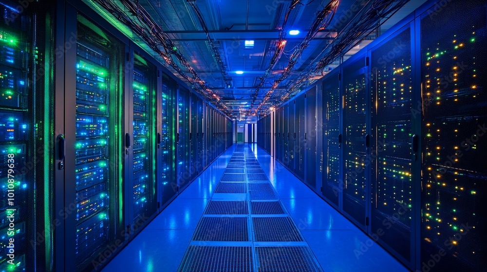 A long hallway in a server room lined with rows of racks containing server equipment. The room is illuminated with blue and red lights. A long hallway in a server room lined with rows of racks containing server equipment. The room is illuminated with blue and red lights.