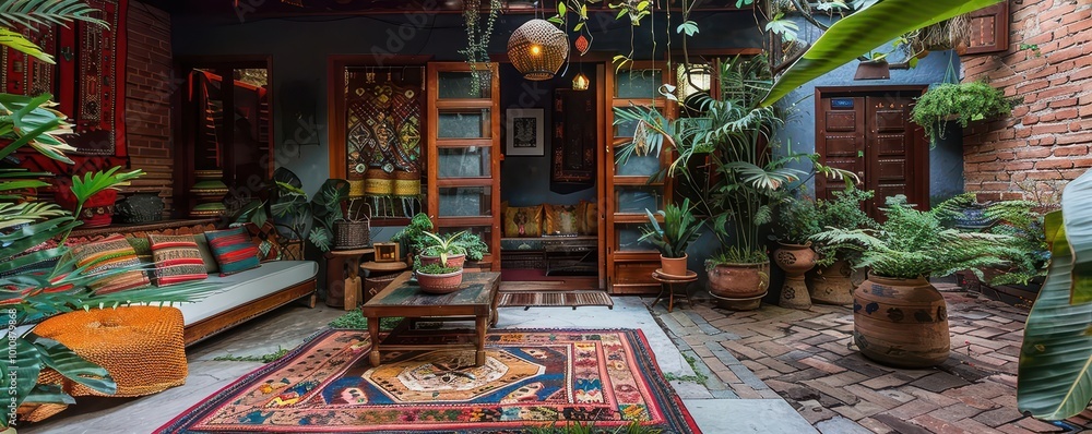 Bohemian patio with eclectic decor, vibrant and inviting, Urban, Soft tones, Photograph, Artistic living Bohemian patio with eclectic decor, vibrant and inviting, Urban, Soft tones, Photograph, Artistic living