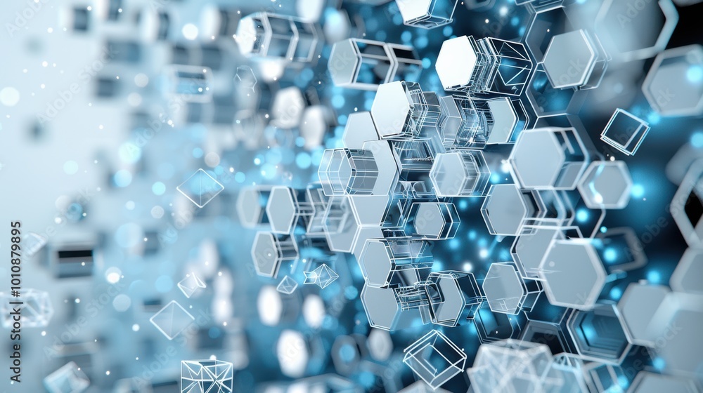 A dynamic digital pattern of hexagonal shapes and glowing elements, evoking a sense of technology and innovation.