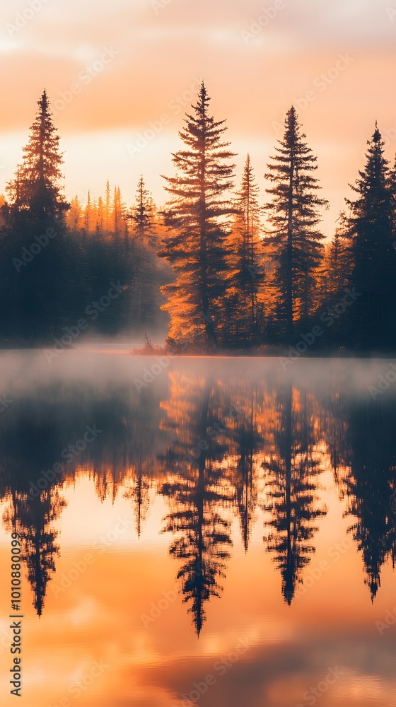 A serene lake surrounded by tall pine trees, reflecting the golden light of sunrise with mist rising from its surface A serene lake surrounded by tall pine trees, reflecting the golden light of sunrise with mist rising from its surface