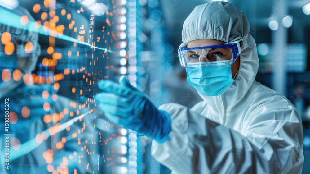 A researcher in protective gear interacts with a futuristic display, showcasing advanced technology in a sterile laboratory environment.