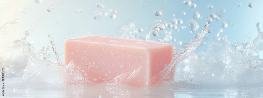 Splash of water from a bar of pink soap. Flower and berry soap of natural composition. Cleanliness, body, animal and hand washing. Banner, poster Splash of water from a bar of pink soap. Flower and berry soap of natural composition. Cleanliness, body, animal and hand washing. Banner, poster