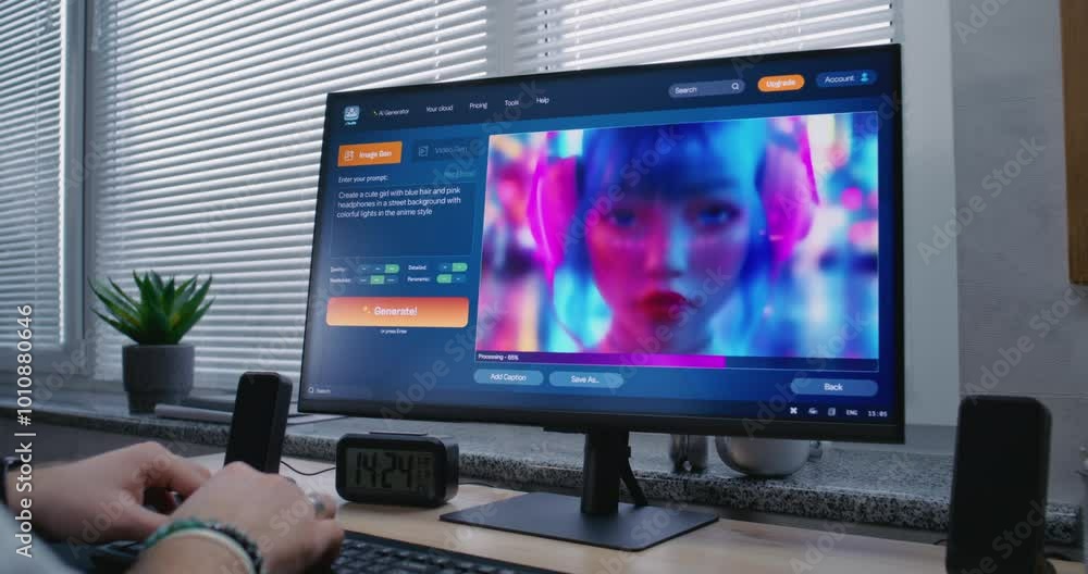 Adult man enters prompt in AI image generator app on personal computer. Artificial intelligence chatbot generate detailed high-quality image of cyberpunk girl. From text prompt to generated photo. Adult man enters prompt in AI image generator app on personal computer. Artificial intelligence chatbot generate detailed high-quality image of cyberpunk girl. From text prompt to generated photo.