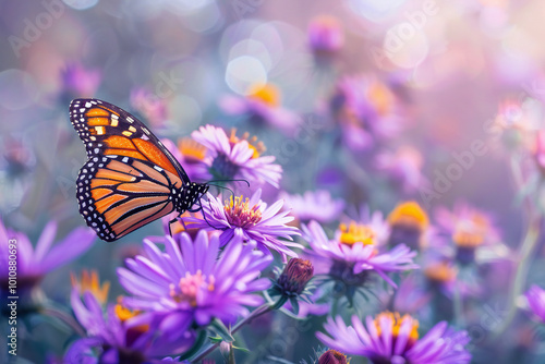 Monarch butterfly resting on vibrant purple flowers in a blooming garden scene