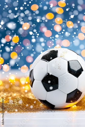 Sparkling Soccer Celebration: Festive Football with Glitter and Bokeh Background