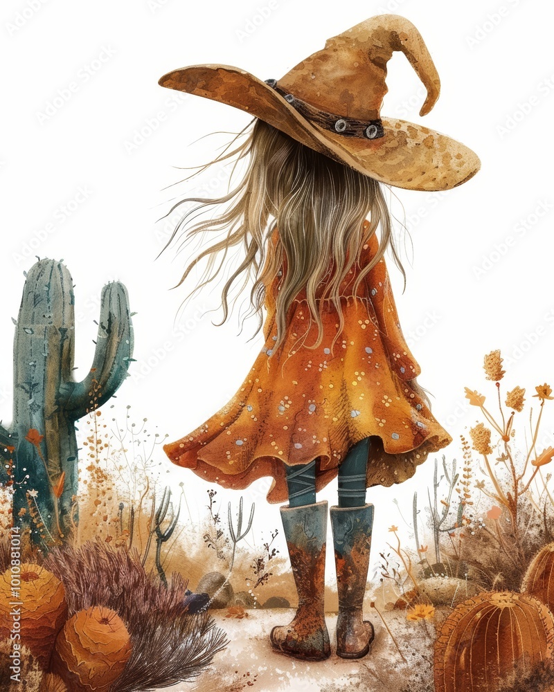 Obraz premium A whimsical gnome character stands in a desert landscape, wearing a large hat and colorful boots. The scene features cacti and vibrant flora, evoking a magical, imaginative atmosphere.