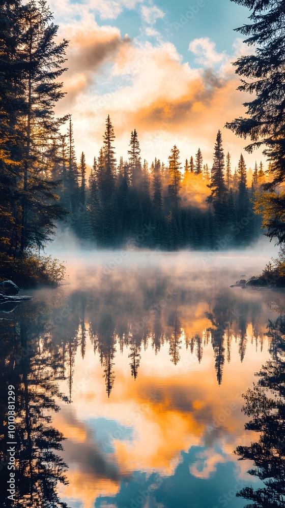 A serene lake surrounded by tall pine trees, reflecting the golden light of sunrise with mist rising from its surface A serene lake surrounded by tall pine trees, reflecting the golden light of sunrise with mist rising from its surface