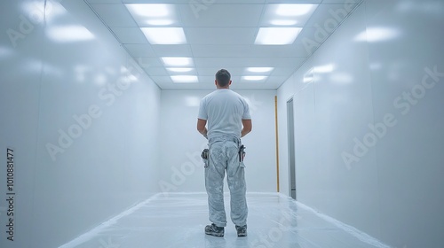 A man stands in a white hallway, facing away from the camera. He is wearing white clothes and a tool belt. The hallway is lit by bright overhead lights.