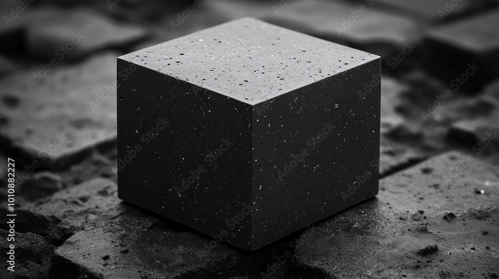 A textured black cube on a surface with contrasting tiles. A textured black cube on a surface with contrasting tiles.