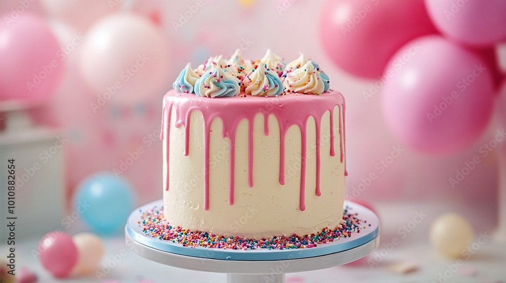 A pink and white birthday cake with pink and blue frosting and sprinkles on a white cake stand with pink and blue balloons in the background. A pink and white birthday cake with pink and blue frosting and sprinkles on a white cake stand with pink and blue balloons in the background.