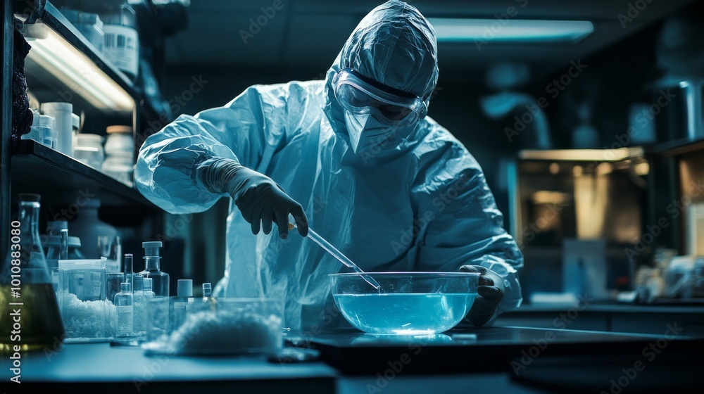 Laboratory Scientist in Protective Gear Conducting Experiment Laboratory Scientist in Protective Gear Conducting Experiment