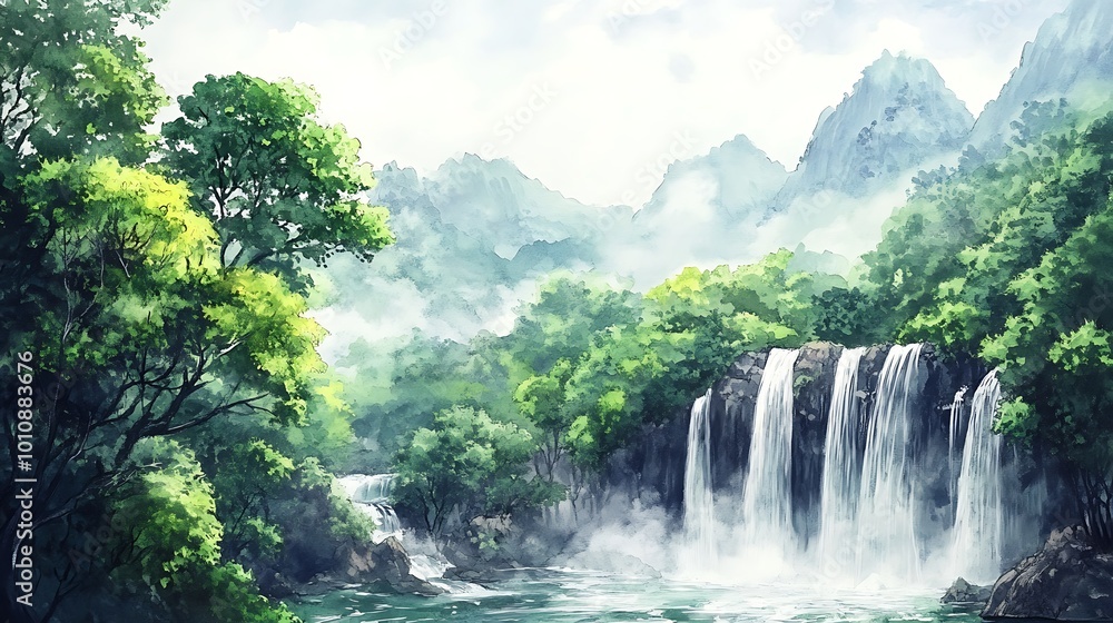Naklejka premium Watercolor Painting of a Majestic Waterfall Cascading Through Lush Green Mountains.