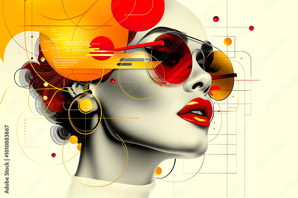 Obraz premium A woman with red lips and sunglasses is the main focus of the image. The background is filled with circles and other shapes, giving the impression of a colorful and abstract design