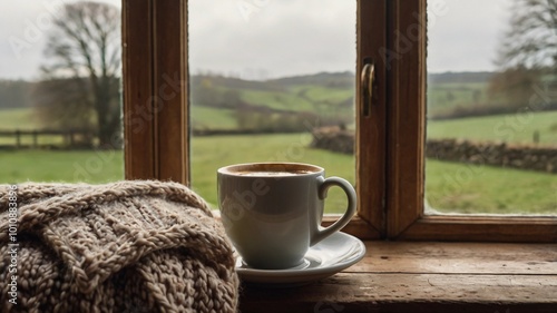 cup of coffee mug and knitted blanket near window