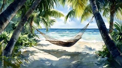 Hammock Swinging Between Palm Trees on a Tropical Beach.