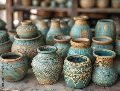 Handmade ceramics with intricate patterns, artistic and rustic, Artisan, Soft tones, Photograph, Craftsmanship