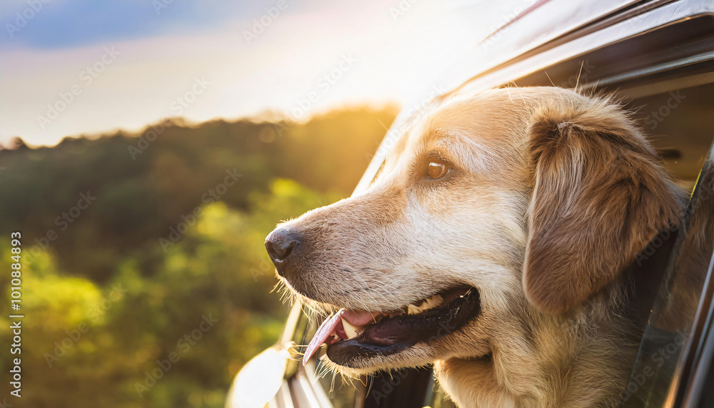 Head of happy dog looking out of rear car window. Head of happy dog looking out of rear car window.