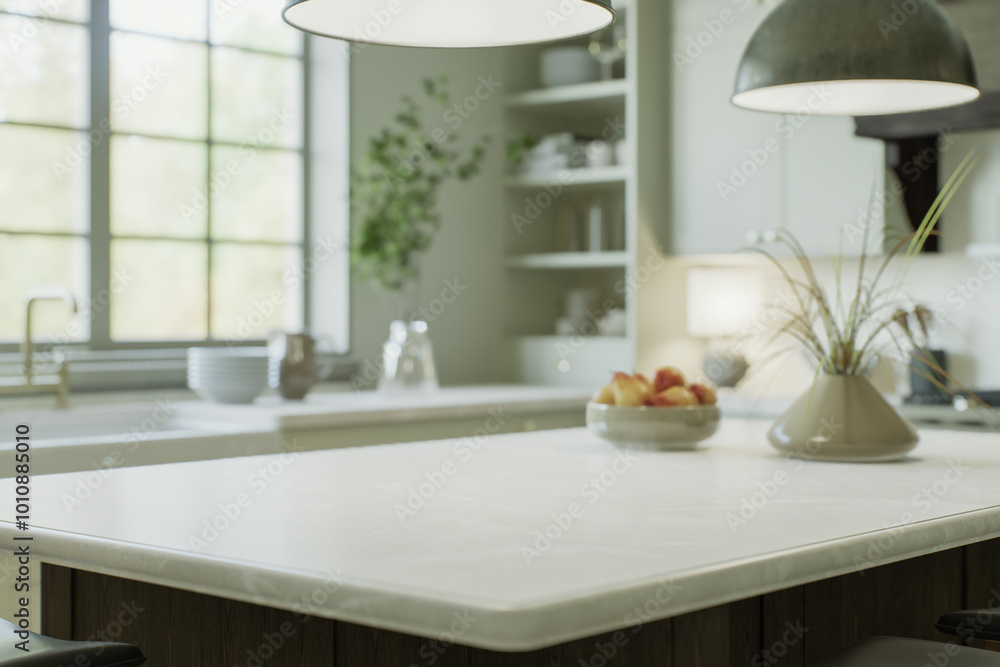 Kitchen interior with an island with a white stone countertop Kitchen interior with an island with a white stone countertop