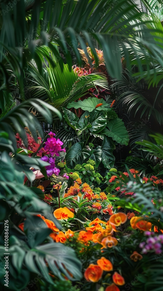 Fototapeta premium Organic garden with lush plants, vibrant and abundant, Botanical, Soft greens, Photograph, Green living