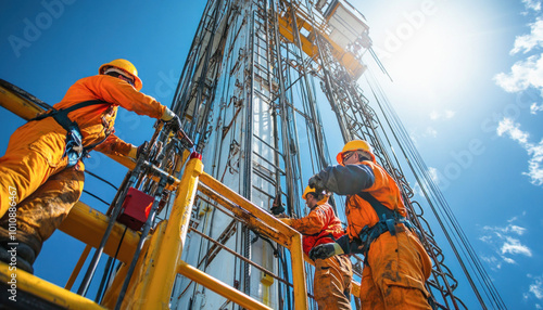 Oil workers maintaining drilling rig under blue sky