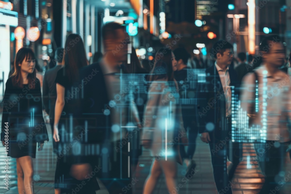 A dynamic crowd of business individuals moves through a lively city street at dusk, as advanced technology scans their faces, collecting data for analysis. A dynamic crowd of business individuals moves through a lively city street at dusk, as advanced technology scans their faces, collecting data for analysis.