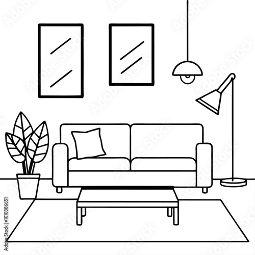 living room outline coloring book page line art drawing