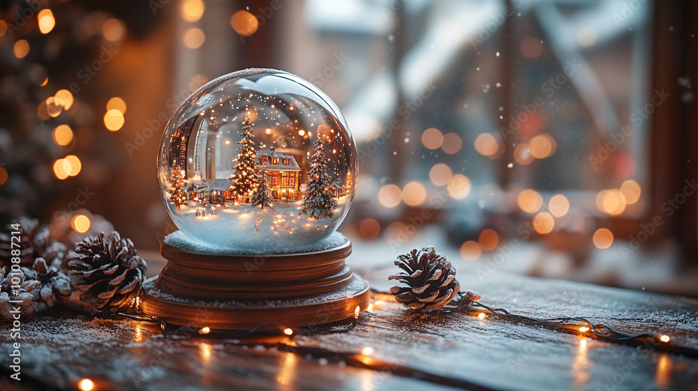 snowy christmas village snow globe with warm lights on wooden table snowy christmas village snow globe with warm lights on wooden table