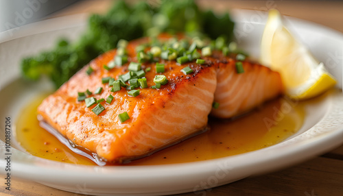 Grilled Salmon Fillet with Fresh Herbs and Lemon Sauce on White Plate photo