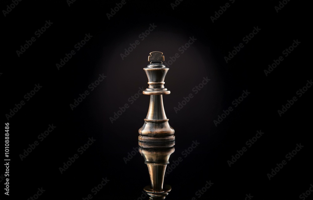 A single chess king piece stands on a black surface, reflecting off its shiny metal finish. A single chess king piece stands on a black surface, reflecting off its shiny metal finish.