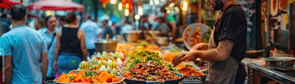 Urban street food festival with diverse stalls, lively and vibrant, Urban, Bright hues, Photograph, Culinary celebration Urban street food festival with diverse stalls, lively and vibrant, Urban, Bright hues, Photograph, Culinary celebration