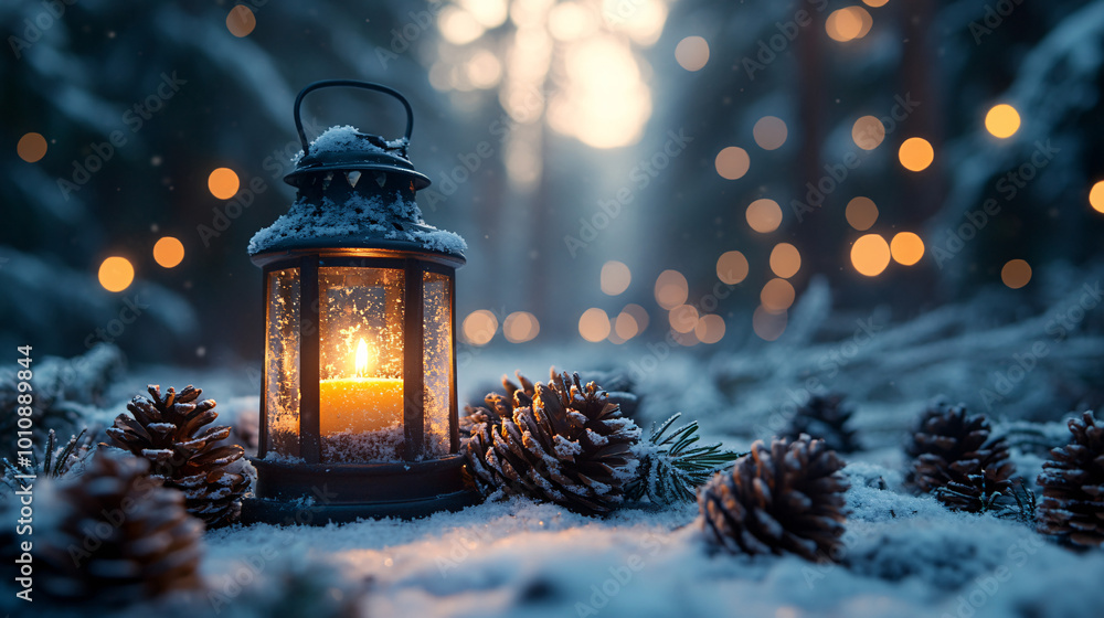 warm candlelight lantern in snowy forest with pine cones warm candlelight lantern in snowy forest with pine cones