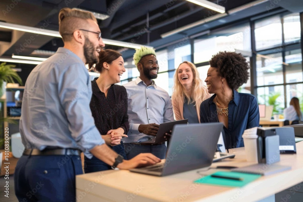A vibrant group of businesspeople enjoys a moment of laughter while collaborating on a new project in a contemporary office, fostering creativity and teamwork. A vibrant group of businesspeople enjoys a moment of laughter while collaborating on a new project in a contemporary office, fostering creativity and teamwork.