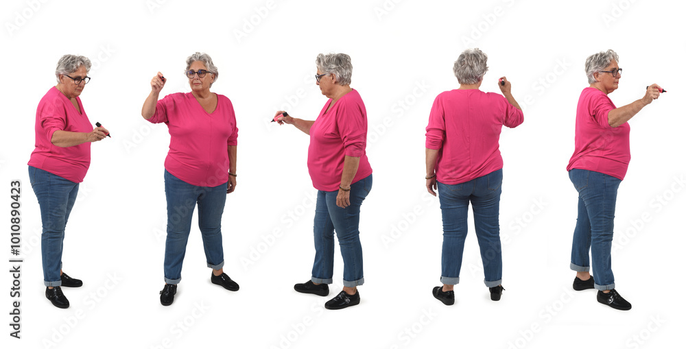 Obraz premium group of same senior woman drawing with marker on white background