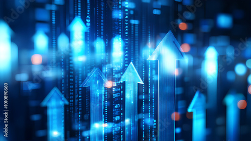A blue background with arrows pointing upwards  representing stock market growth or business success in the financial industry graph show upward trends  symbolizing positive progress 