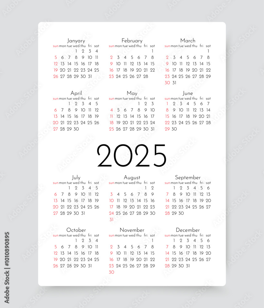 2025 year calendar. Template of pocket or wall calenders. Week starts Sunday. Yearly grid with 12 month. Organizer layout in simple design. Desk planner. Portrait orientation, English. Vector il 2025 year calendar. Template of pocket or wall calenders. Week starts Sunday. Yearly grid with 12 month. Organizer layout in simple design. Desk planner. Portrait orientation, English. Vector il