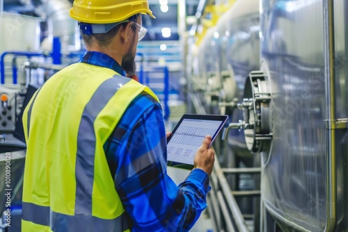 In a modern dairy factory, a factory worker in safety gear examines the production line with a tablet, ensuring quality control during the manufacturing process. photo