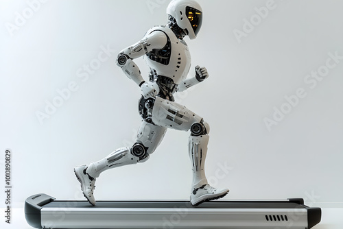 Side view AI humanrobot training, running on gym treadmill isolated on white background photo