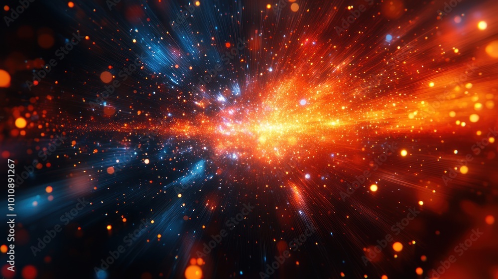 A vibrant cosmic explosion with colorful particles and light rays. A vibrant cosmic explosion with colorful particles and light rays.
