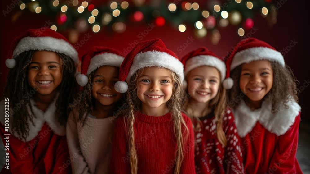 A joyful group of diverse children wearing Santa hats, celebrating the Christmas season with bright smiles and festive cheer. Perfect for holiday and diversity themes.
A joyful group of diverse children wearing Santa hats, celebrating the Christmas season with bright smiles and festive cheer. Perfect for holiday and diversity themes.