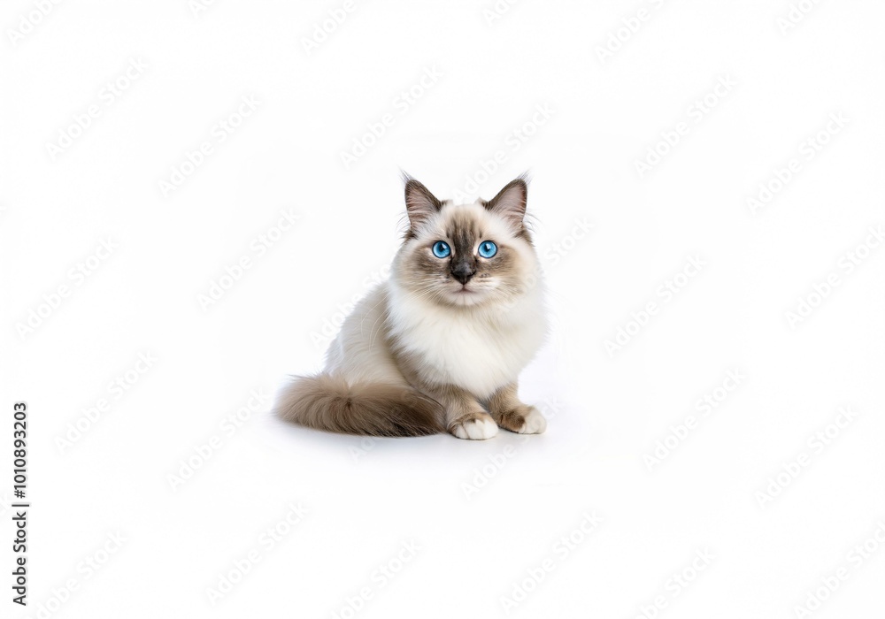 A white cat with blue eyes sits on a white background. A white cat with blue eyes sits on a white background.