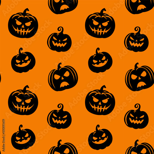 Dark scary pumpkins on orange background seamless pattern. Halloween background. Vector illustration