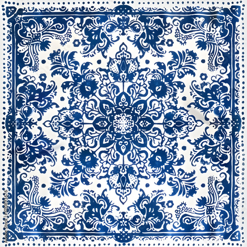 Bandana blue pattern floral geometric antique design on white background