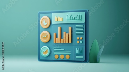 A colorful 3D data dashboard displaying various graphs and metrics.