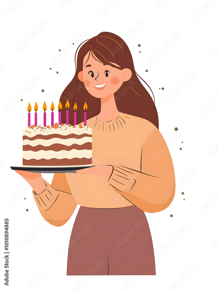 Birthday happy young woman holding cake with candles isolated on white background flat style illustration Birthday happy young woman holding cake with candles isolated on white background flat style illustration