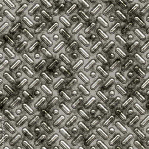 Bumped metal, seamless background. Seamless Hi-res (8000x8000) texture of metal wall or floor. Iron diamond plate industry realistic seamless pattern.