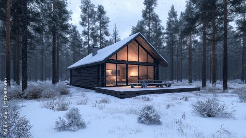 Cabin in the middle of a snowy forest with warm lights glowing, winter getaway concept in nature Cabin in the middle of a snowy forest with warm lights glowing, winter getaway concept in nature